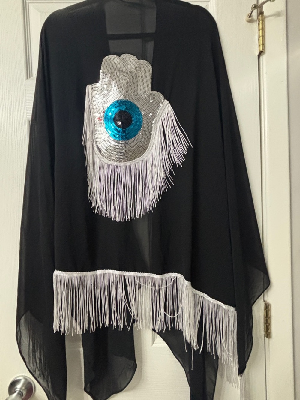 Black Fringe Kimono with Silver & Teal Sequin Hamsa Detail